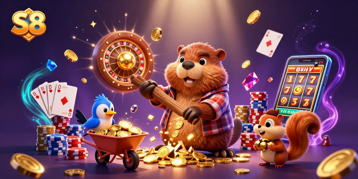 S8 invites players to grab golden coins and gems in this exciting casino-themed adventure illustration.