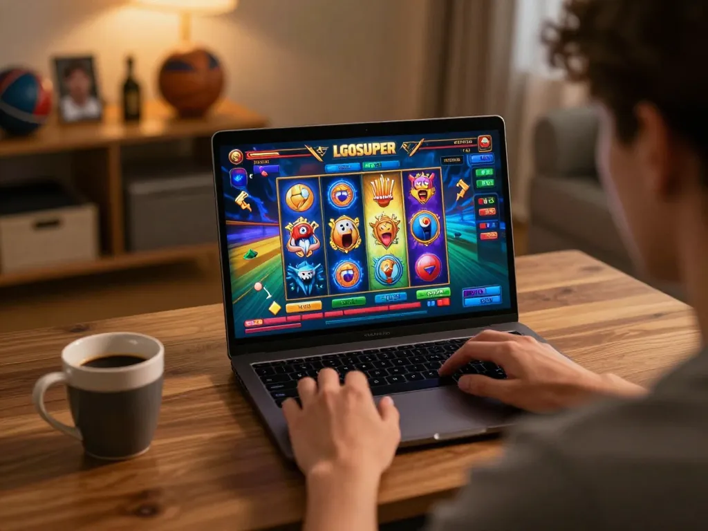 Engaged player enjoying LGOSUPER slot games on a laptop in cozy home environment.