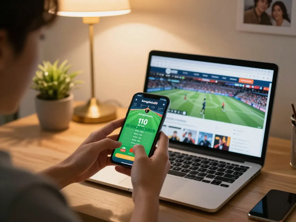 bongdalu88 user engaging in sports betting on smartphone in a cozy home setup.