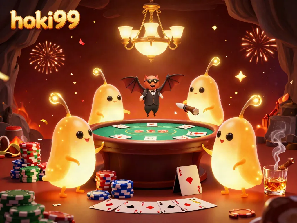 Ilustrasi kasino yang hidup dengan karakter glowworm dan dealer kelelawar di atas meja poker hoki99.
