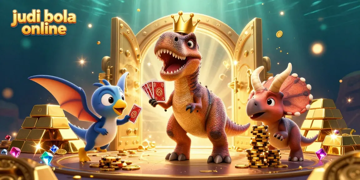 Engage in judi bola online with a vibrant casino scene featuring a T-Rex shuffling cards.