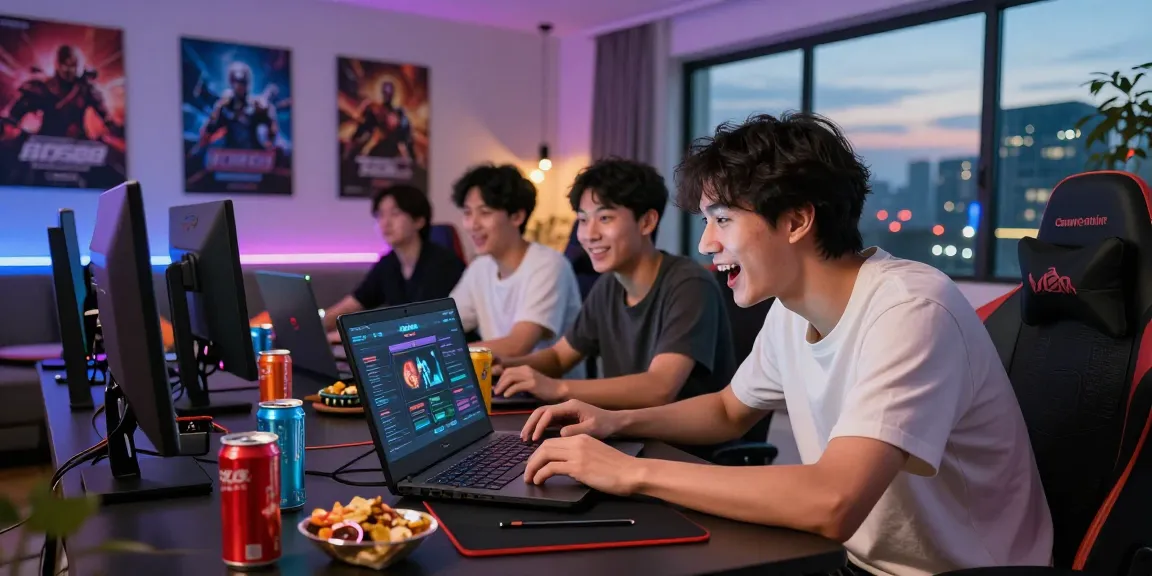 Pengalaman bermain BOS88 Online dengan pemain yang penuh semangat di ruang tamu modern, menikmati permainan dengan aksesori yang berwarna-warni.