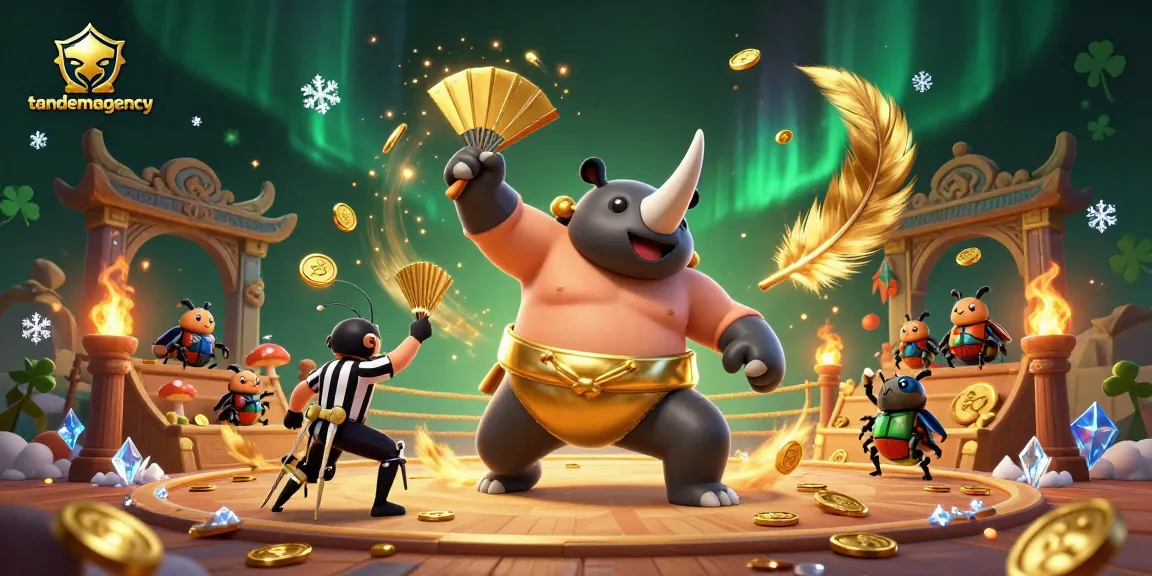 Tandemagency showcases a dynamic casino arena scene featuring a rhinoceros beetle sumo champion amidst flying coins and cheering beetle spectators.