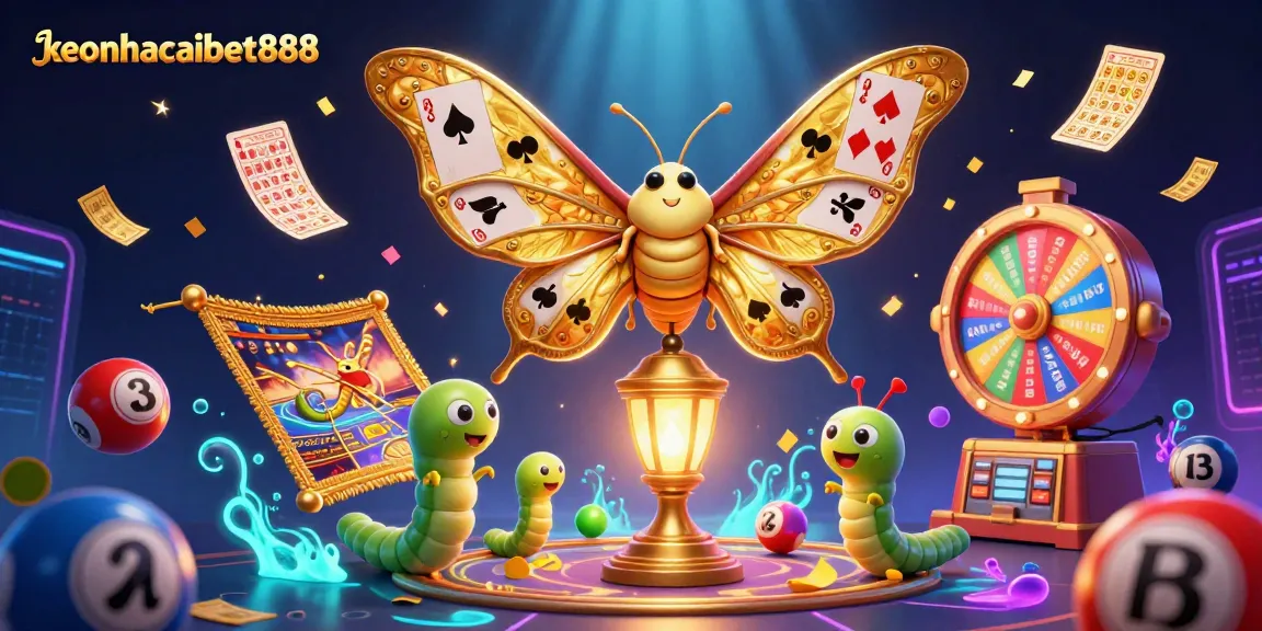 Engage with keonhacaibet888's vibrant casino elements including golden moths and dynamic lottery balls.