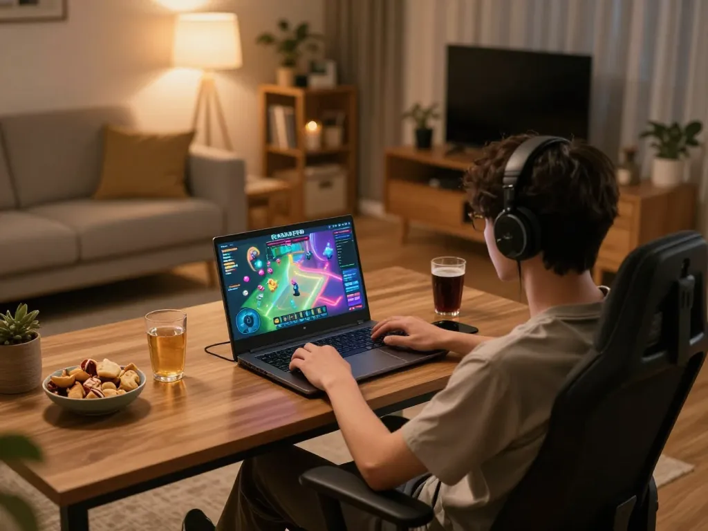 KADAL778 player immersed in interactive idle games on a laptop in a cozy home setup