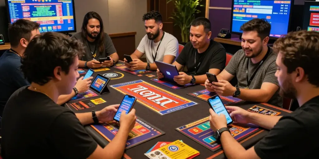 Pengalaman bermain togel online cirebontoto dengan pemain berinteraksi di meja modern, dipenuhi alat permainan dan suasana ceria.