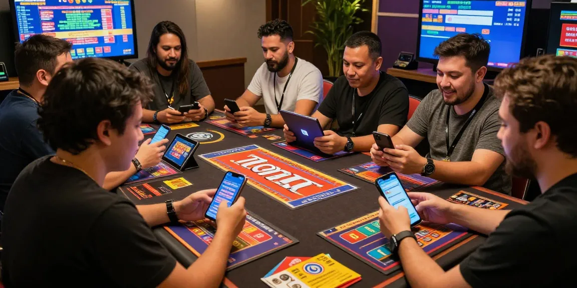 Pengalaman bermain togel online cirebontoto dengan pemain berinteraksi di meja modern, dipenuhi alat permainan dan suasana ceria.