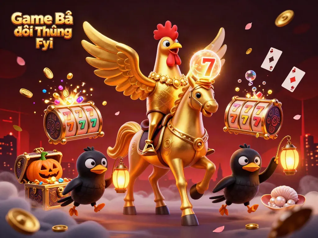 Game Bài Đổi Thưởng Fyi illustration features a golden rooster in a casino bursting with treasures.