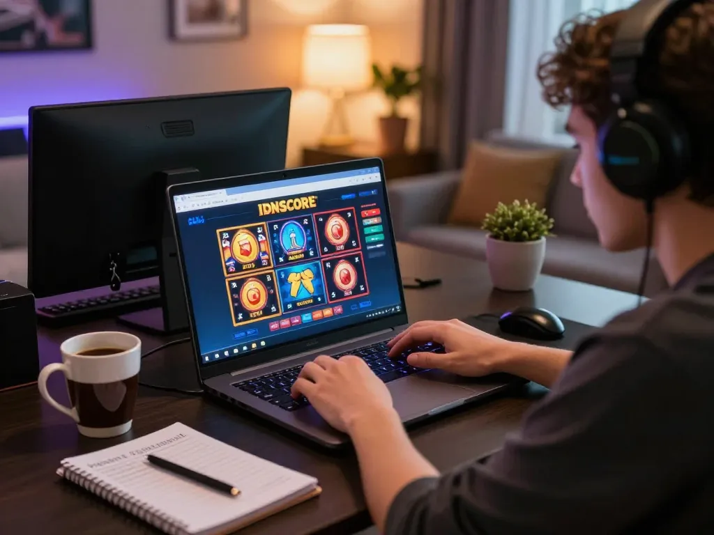 IDNSCORE gaming setup showcasing a player strategizing at a laptop with vibrant casino games displayed.