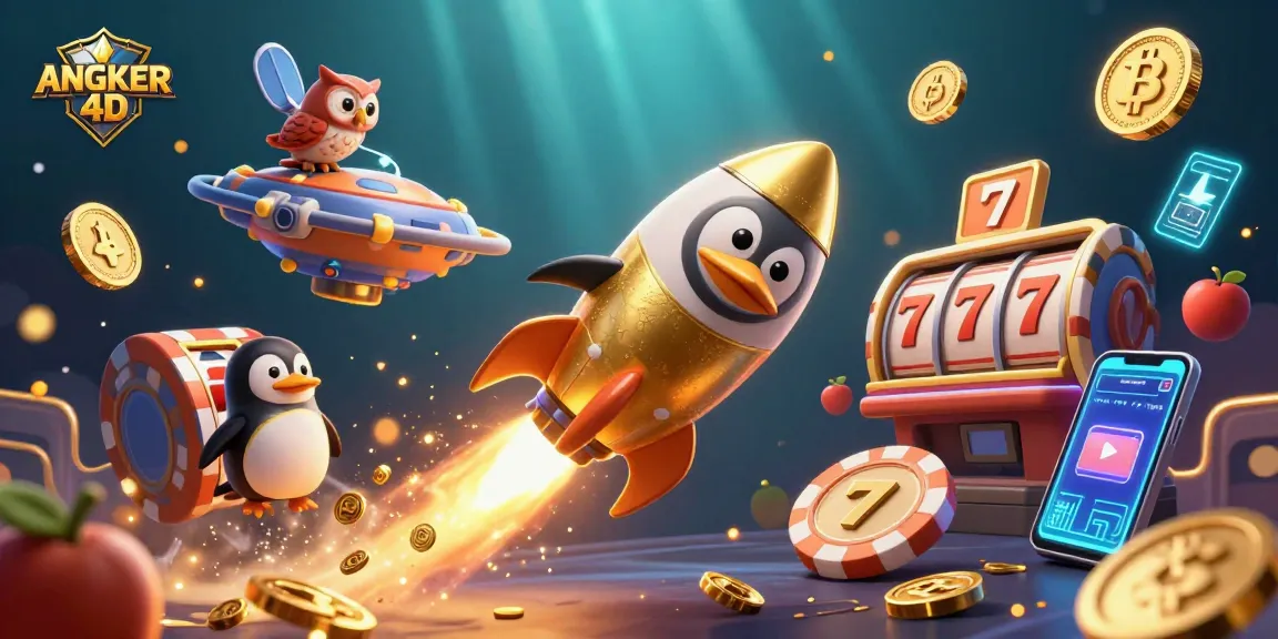 Experience dynamic gaming with ANGKER 4D, showcasing a thrilling illustration of a golden penguin and slot elements.