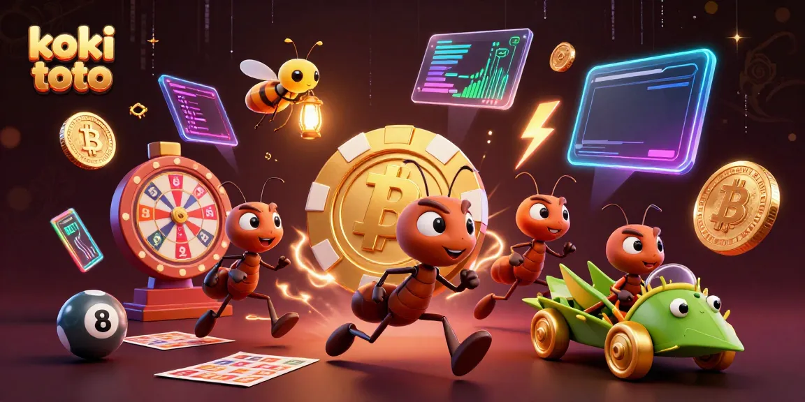 Koki toto hadir dengan ilustrasi tim semut 3D dalam permainan togel, penuh elemen menarik dan warna cerah.