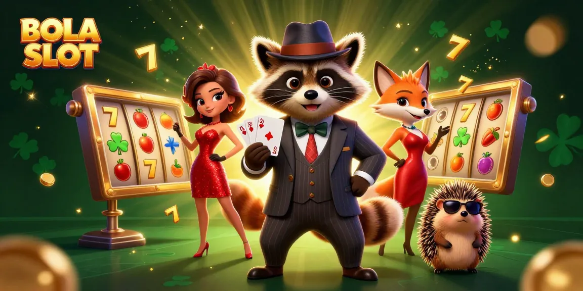 BOLA SLOT showcases a vibrant 3D scene with a suave raccoon and seductive fox gaming with dynamic slot reels.