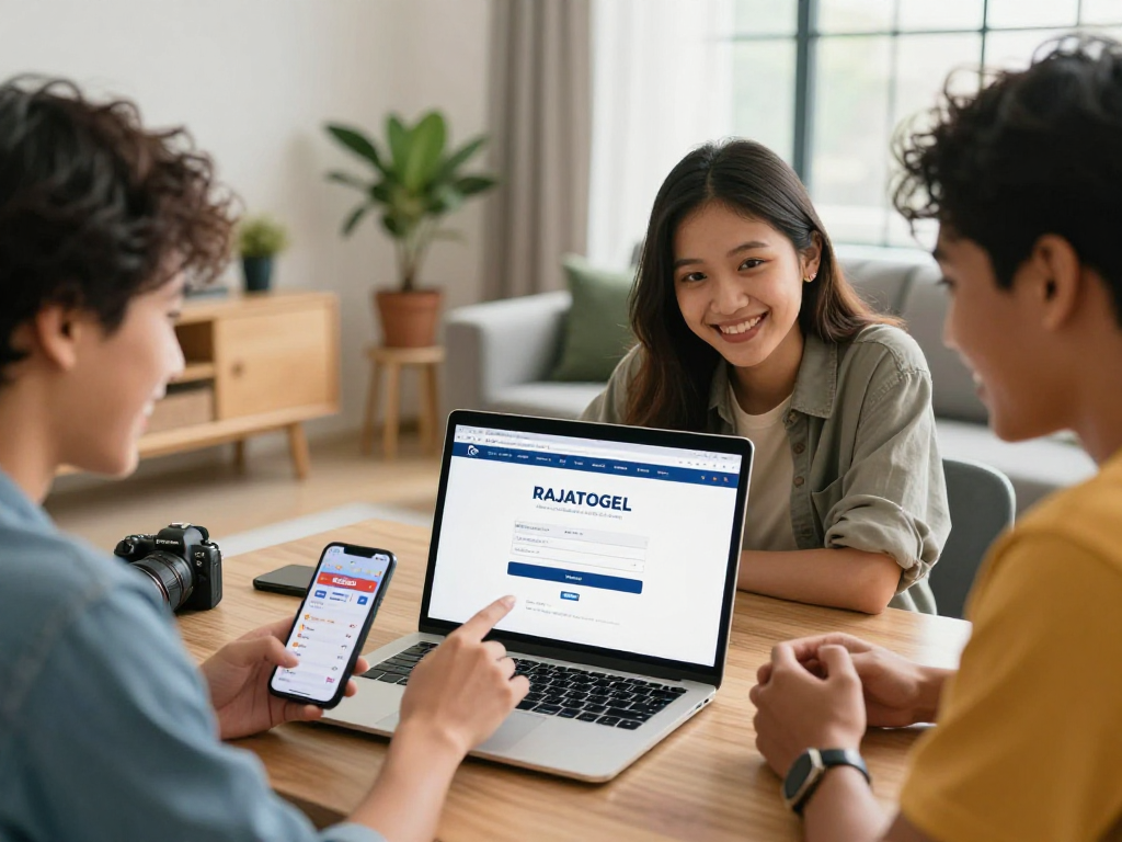 Proses rajatogel login di layar laptop oleh teman-teman dalam suasana ceria