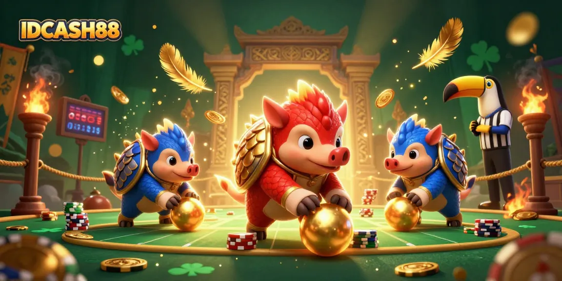 Experience competitive gameplay with IDCASH88's interactive pangolin duel in a vibrant casino arena.