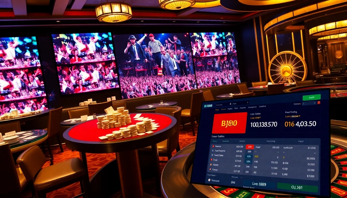 Engaging scene of BJ88's live-streamed betting experience with dramatic casino elements.