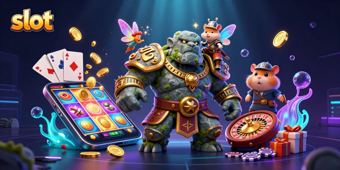 Experience thrilling slot action with a golem guardian, fairy, and hamster knight, among vibrant casino elements.