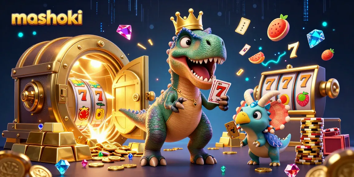 Experience mashoki thrills with a T-Rex shuffling cards amidst dazzling casino treasures and slot symbols.