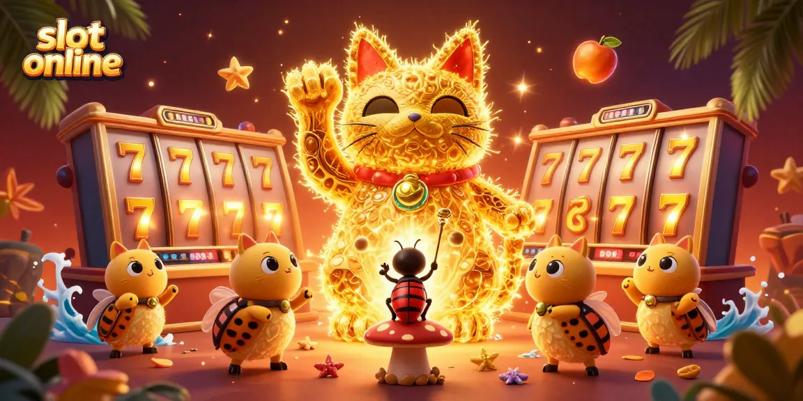 Slot online menampilkan kucing keberuntungan raksasa dari kunang-kunang emas dan simbol kasino meriah.