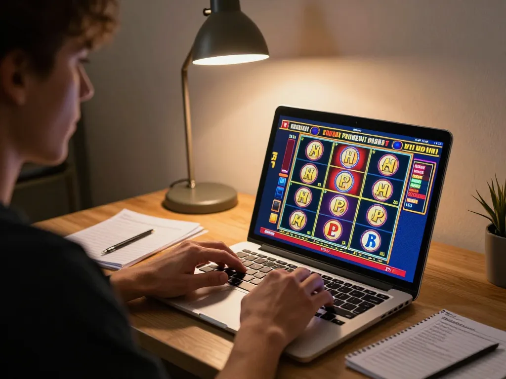 Nego77 player engaged in an exciting online slot game session from a comfortable home office.