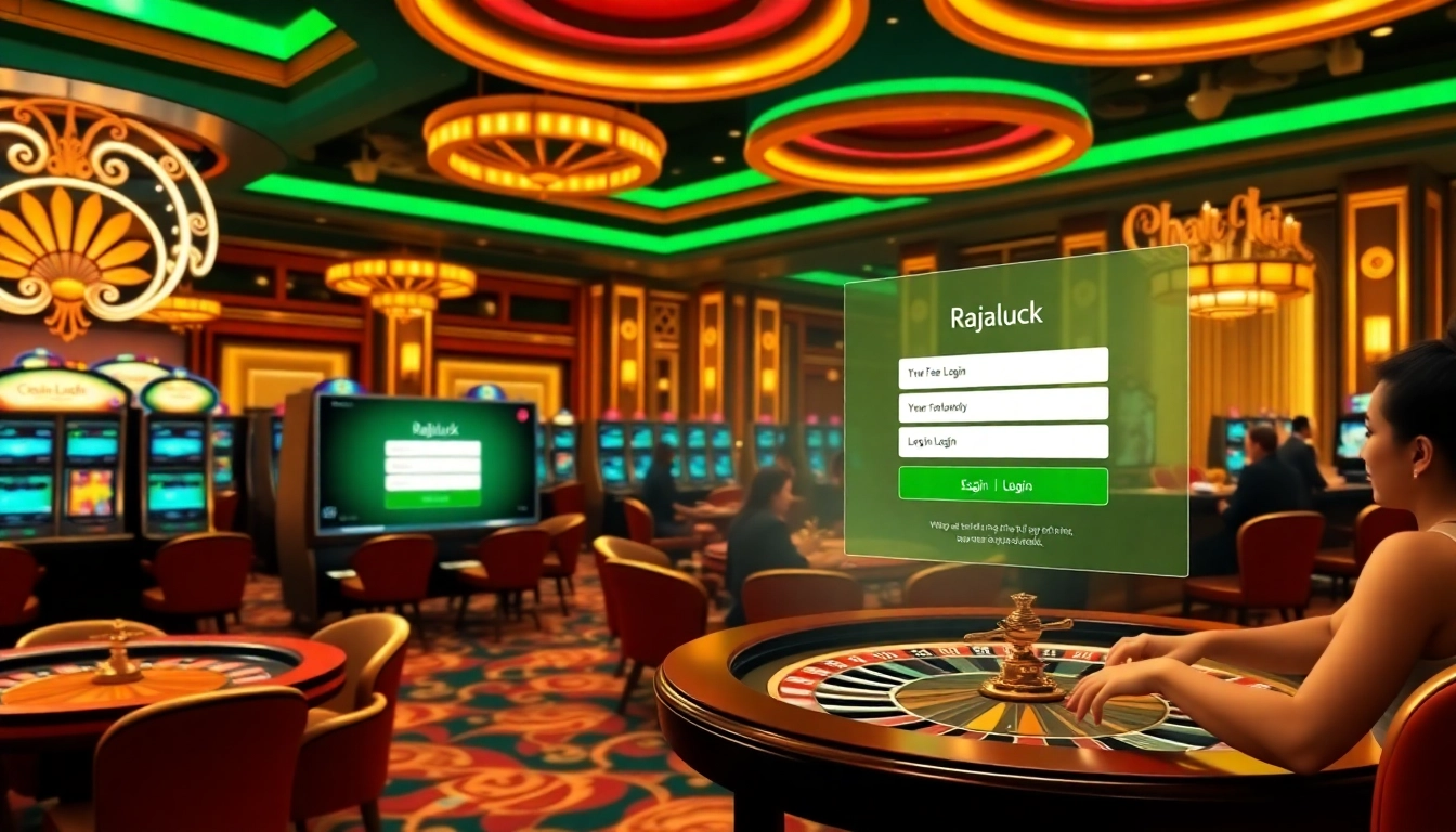 Experience the excitement of Rajaluck Login with a luxurious casino atmosphere filled with vibrant slot machines and engaging players.