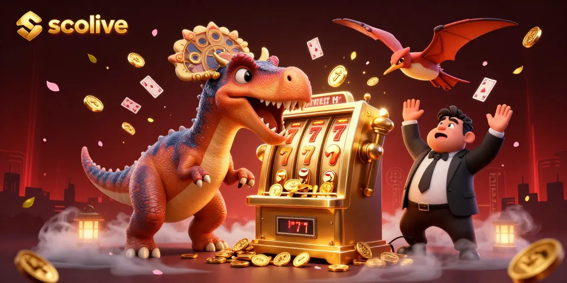 Socolive features a cartoon dinosaur as it activates a golden slot machine, while coins fly everywhere in a vibrant casino scene.