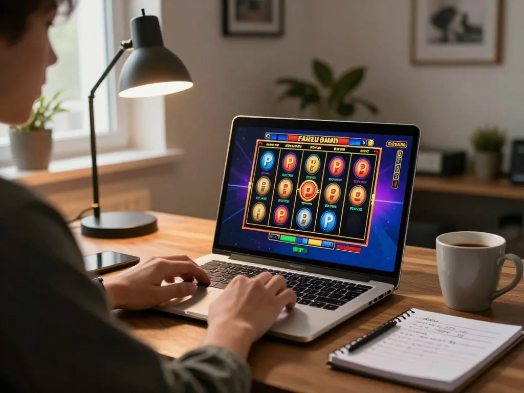 Engaging in online gaming at home, including indrabet login in the vibrant slot interface on the laptop.