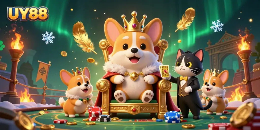 UY88 features a royal corgi on a throne surrounded by a loyal cat butler, poker chips, and gambling elements.