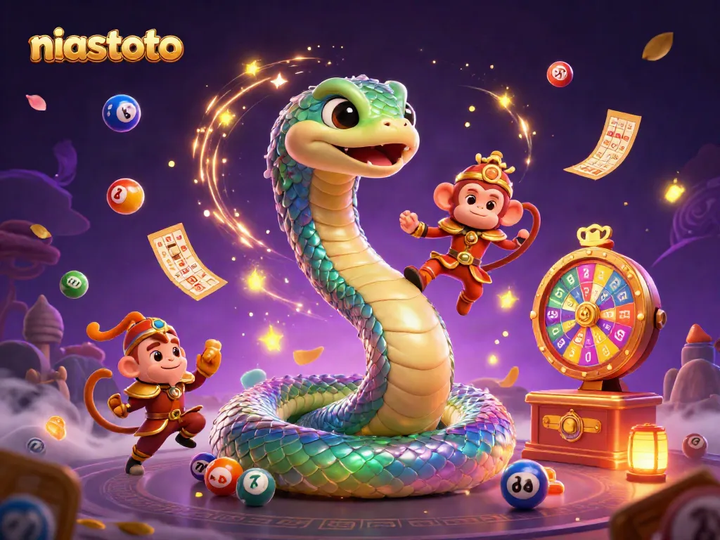 Nikmati permainan lotere di NIASTOTO dengan karakter seru dan simbol berwarna.