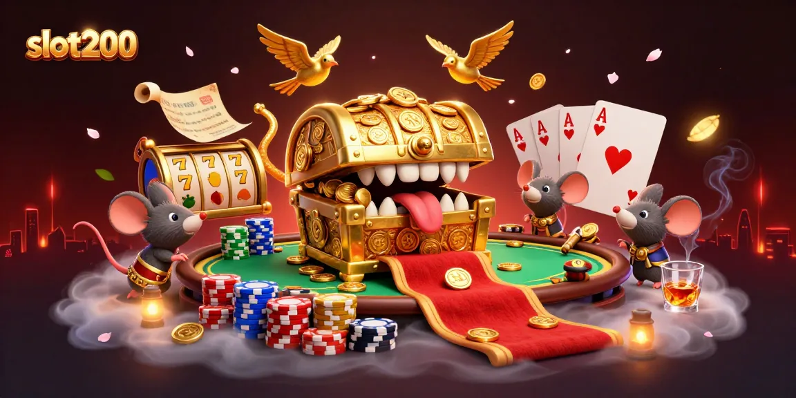 Slot200 menarik pemain dengan simbol keberuntungan dan peti harta karun berkilau.