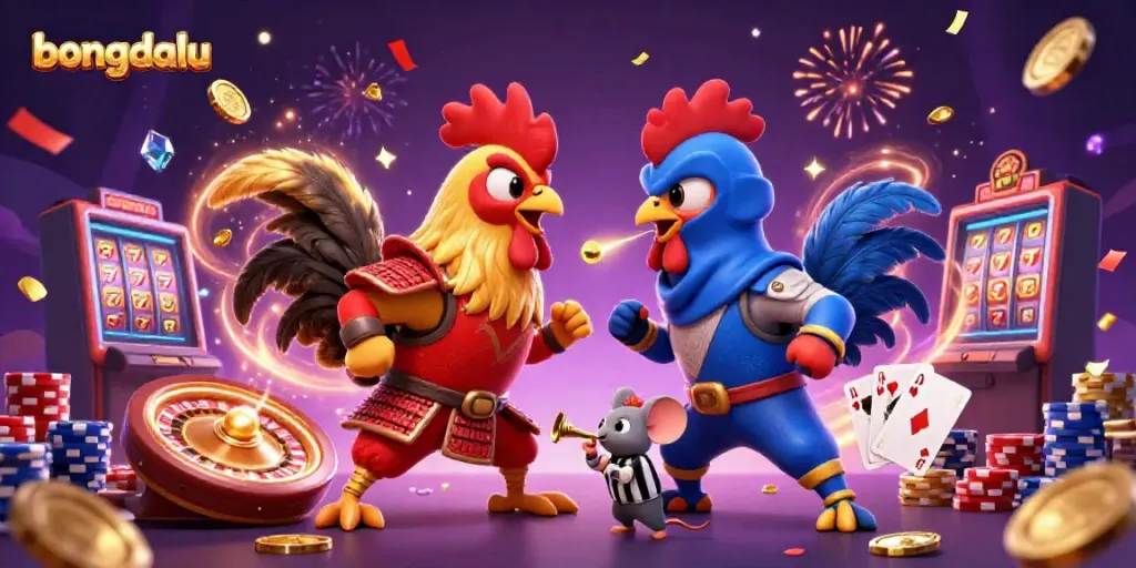 Experience thrilling action with bongdalu's vibrant 3D fighting roosters and casino symbols