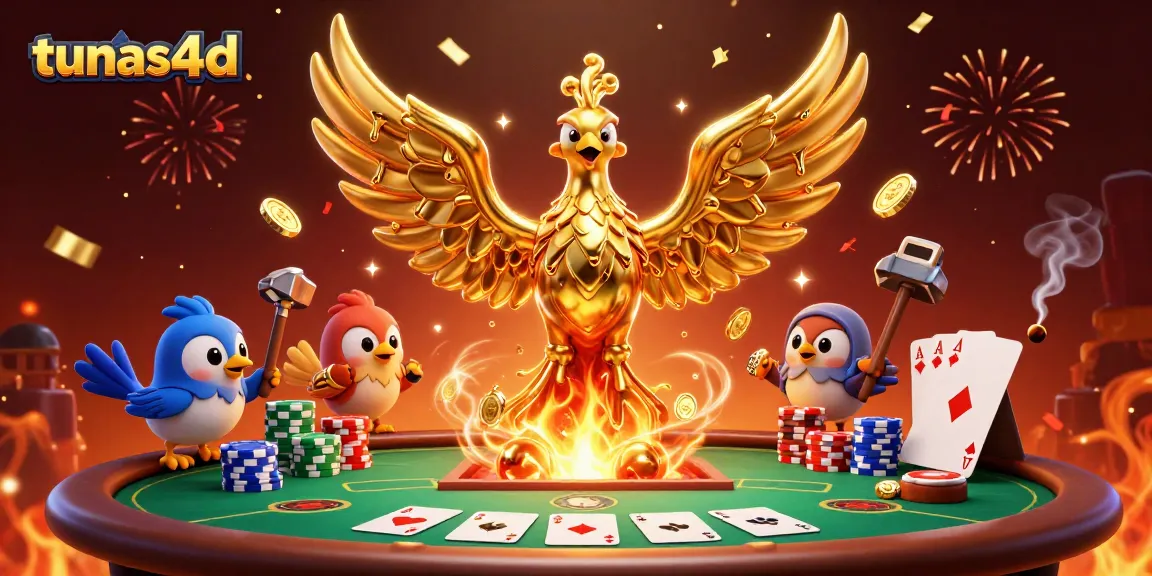 Play and win at tunas4d with a golden phoenix rising, coins falling from molten wings.