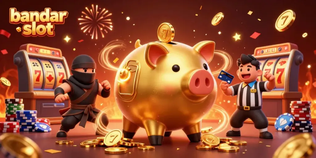 Menangkan jackpot dengan bandar slot dalam ilustrasi 3D yang penuh suasana meriah.