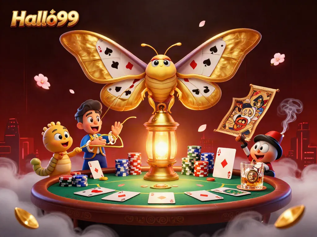 Engage with the vibrant casino scene at Halo99 featuring unique moth and poker elements.