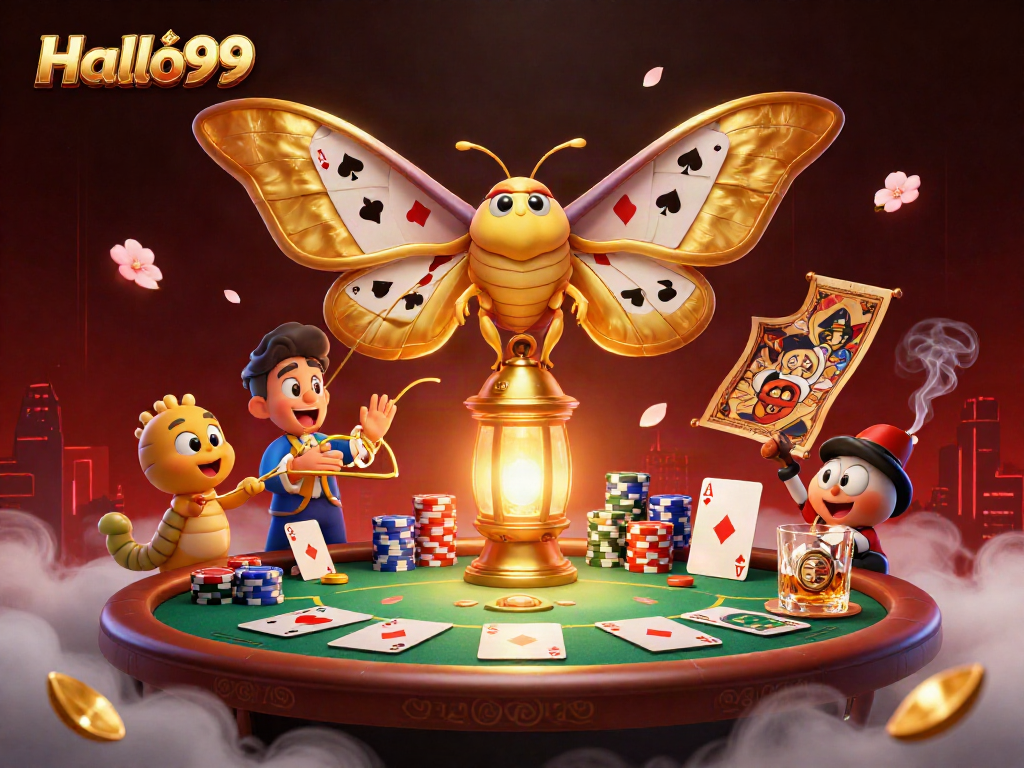 Engage with the vibrant casino scene at Halo99 featuring unique moth and poker elements.