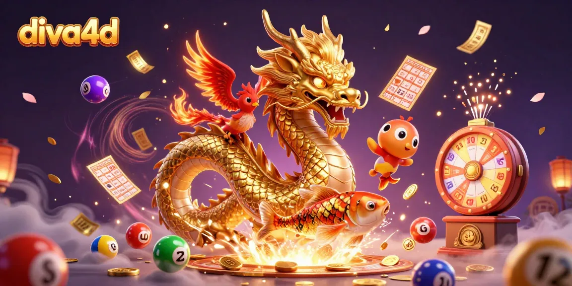 Bermain lotto di diva4d dengan naga emas berkilau, phoenix merah, dan ikan koi terbang lepas.