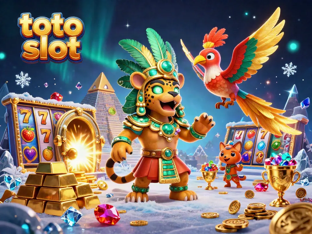 Experience the excitement of the toto slot with a vibrant Mayan-themed scene filled with slot machines, treasures, and energy.