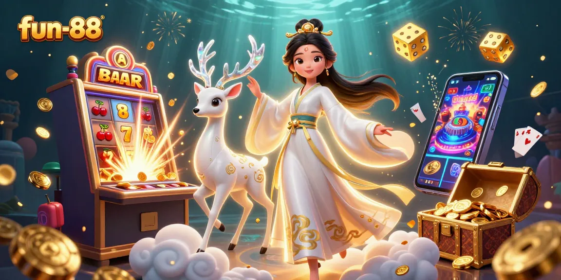 Experience the thrill of fun-88 with a vibrant 3D casino scene bursting with action and fortune.