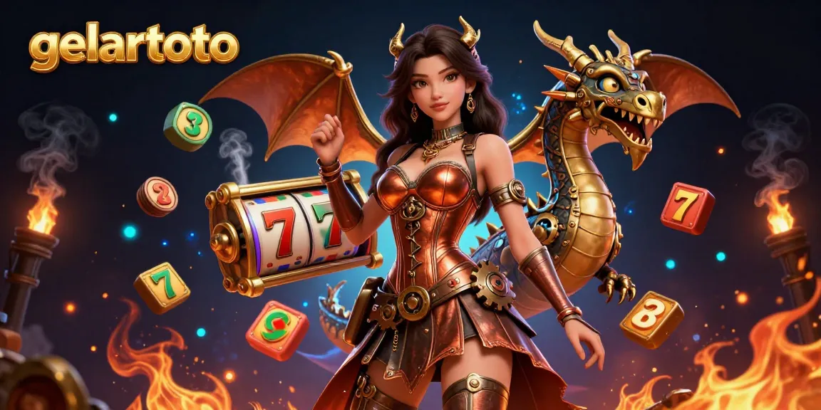 Experience the excitement of gelartoto with vibrant slot reels and captivating 3D characters in a dynamic casino scene.
