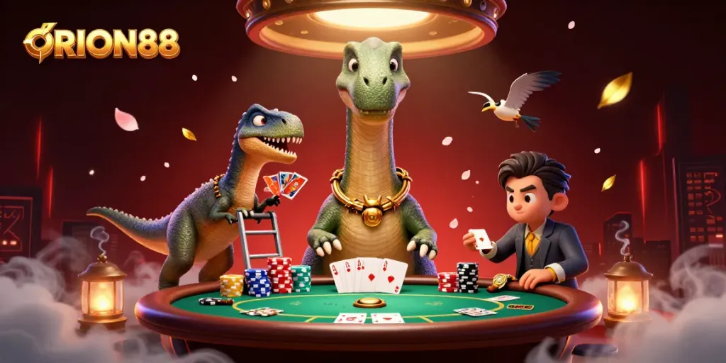 Engage with thrilling ORION88 poker action in a vibrant casino scene featuring unique characters.