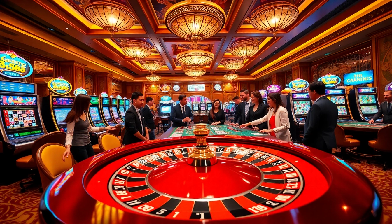 Players enjoying a thrilling game at U888 casino, with vibrant tables and slot machines.