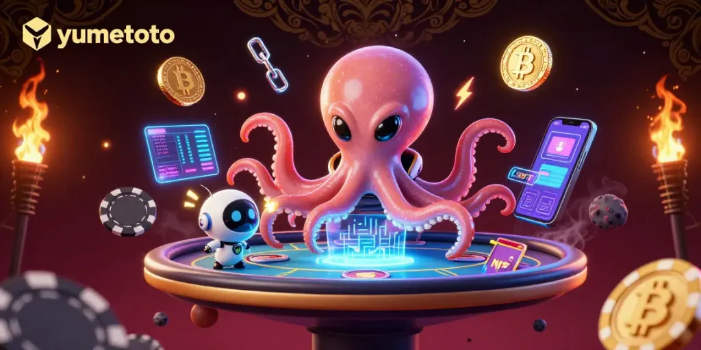 Enjoy exhilarating gameplay on yumetoto with a dynamic poker scene featuring a vibrant alien octopus.