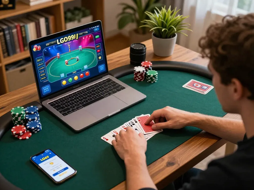 LGO99 player engaging in an online poker game with vibrant screen and strategic elements in a lively home office.
