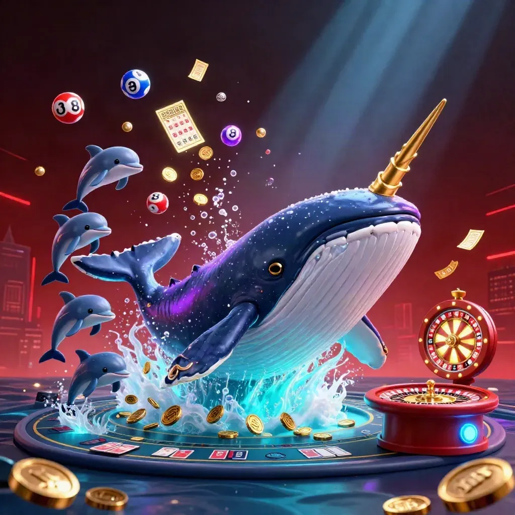 Paus kapten 3D, narwhal, lumba-lumba, dan elemen kasino neon di latar gelap emas.