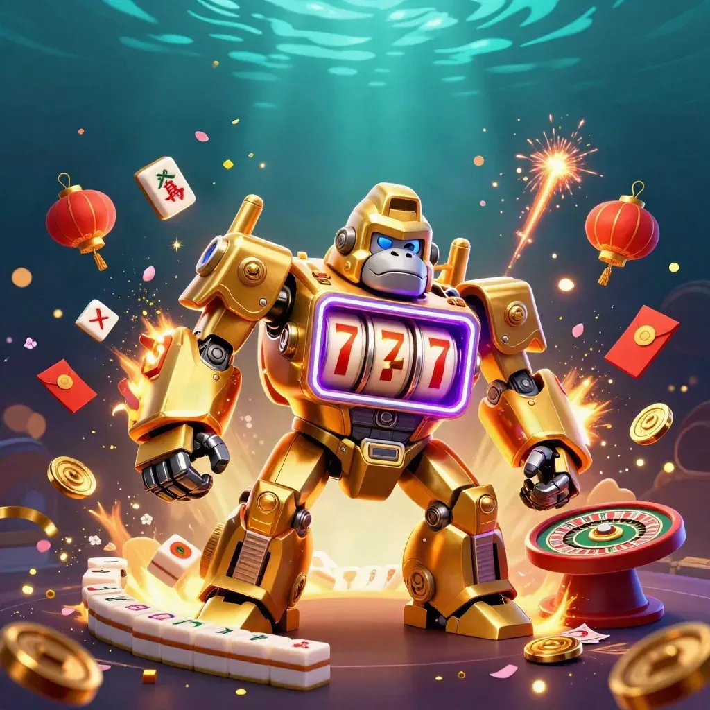 Gorila mech emas raksasa dengan pilot monyet kecil, dikelilingi ubin mahjong, lentera, dan cahaya neon.