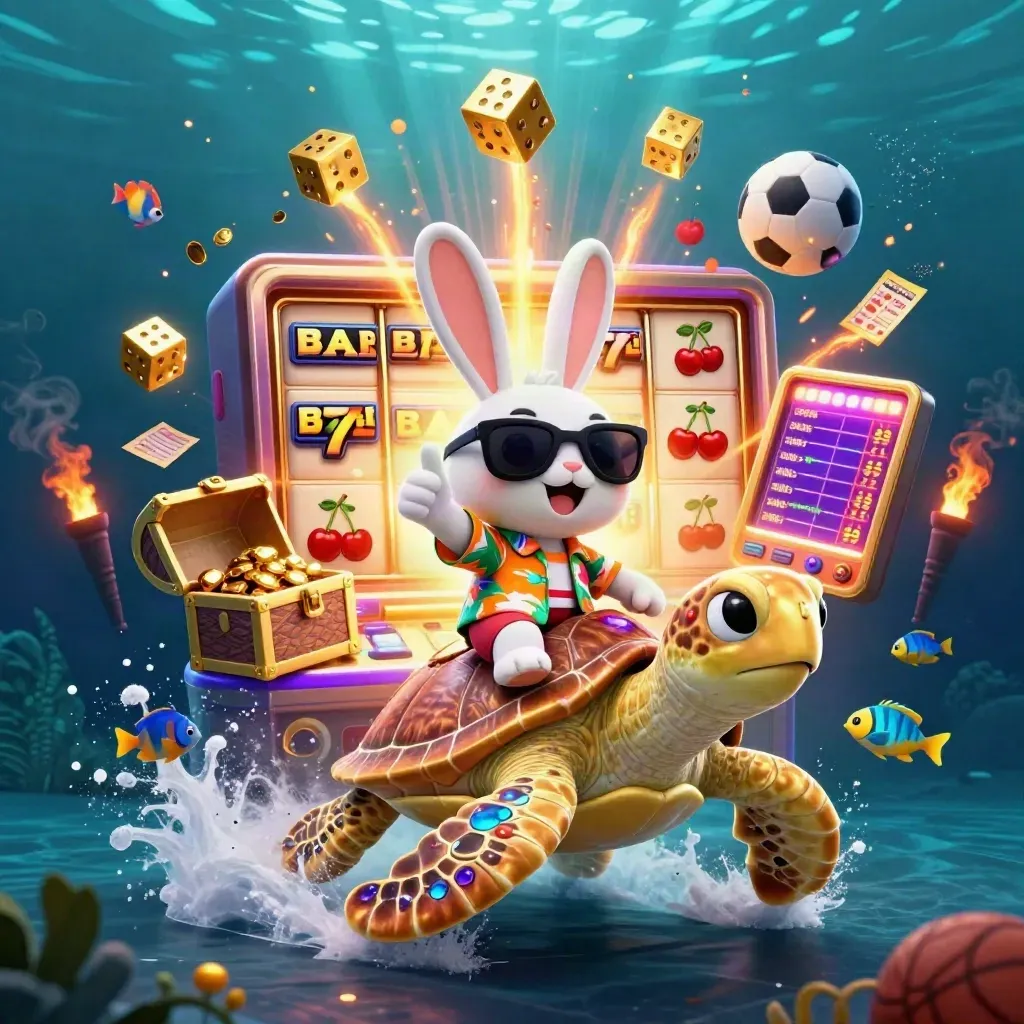 Kelinci kartun naik kura-kura emas di laut neon, dikelilingi slot dan simbol jackpot.