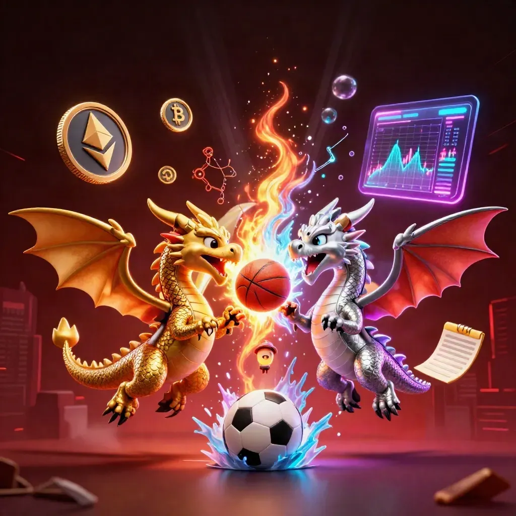 Dua naga emas dan perak, bola basket, koin kripto, cahaya neon kasino, latar kota gelap.