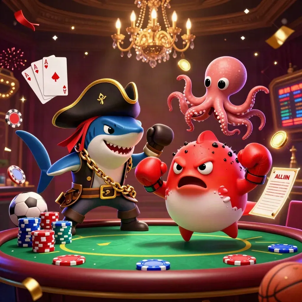 Hiu bajak laut, ikan buntal, dan gurita bayi dikelilingi chip, kartu, bola, serta efek neon kasino.