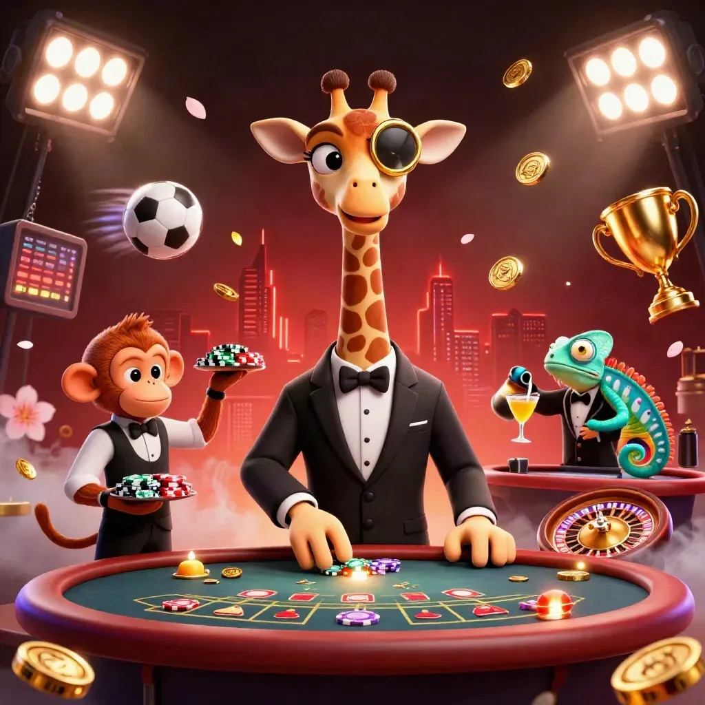 Giraffe, monyet, dan bunglon di meja kasino mewah neon dengan bola olahraga dan koin emas.
