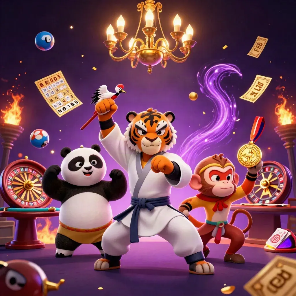Harimau kung-fu, panda, dan monyet di kasino neon ungu-emas dengan bola dan roda hadiah