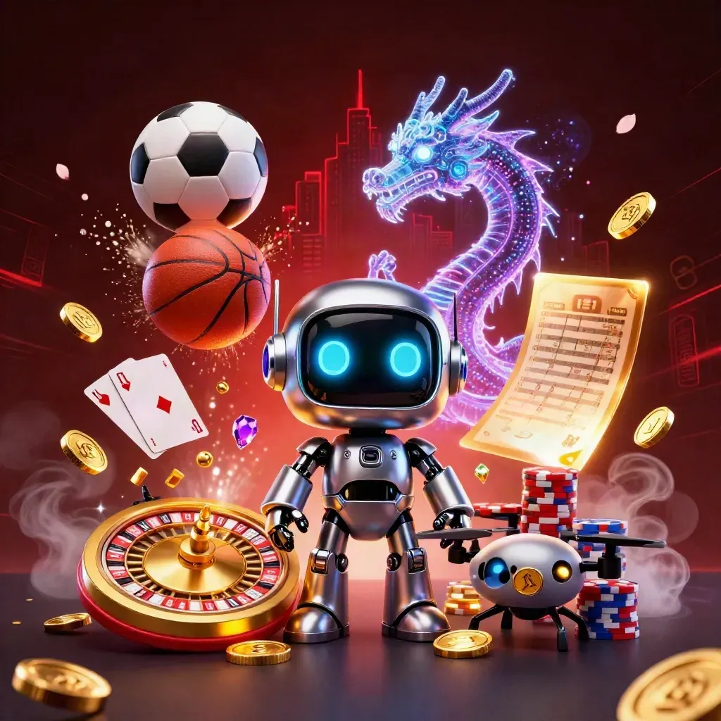 Robot cyberpunk, naga holografik, dan drone di tengah bola, koin, dan roulette neon.